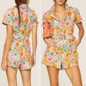 Show Me Your MuMu Outlaw Romper Floral Denim Belted Retro Festival Shorts Sz 2X